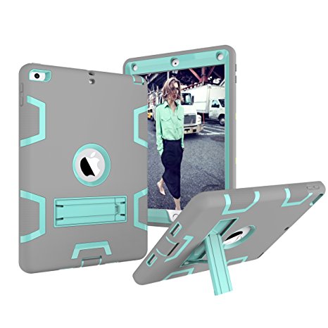 New iPad 2017 iPad 9.7 inch Case, Albc [Kickstand] 3 in 1 Hybrid Shockproof Impact Resistant Armor Defender Protection Cover with Screen Protector for Apple New iPad 9.7 inch 2017 (gray blue)