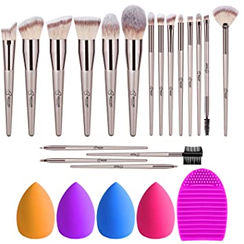 BESTOPE 18Pcs Makeup Brushes Set, 4Pcs Beauty Blender Sponge Set and 1 Brush Cleaner, Premium Synthetic Foundation Make Up Brushes Kit Champagne Gold Conical Handle