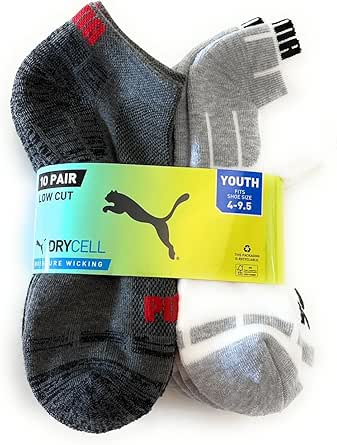 PUMA Boy's Low Cut Socks, 10 pair, Fits Youth Shoe Sizes 4-9.5