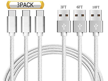 USB Type C Cable, Grandwa USB C Cable 3Pack (3-6-10ft)Nylon Braided Cord USB Type A to C Fast Charger for Samsung Galaxy S9,Note 8,S8 Plus,LG V30 V20 G6 G5,Google Pixel,Nexus 6P 5X,Moto Z Z2 (Silver)