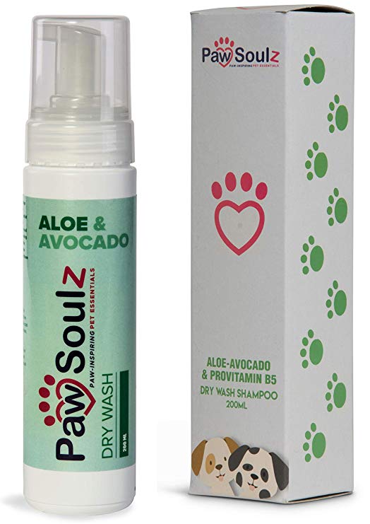 Paw Soulz - Advanced Dry Dog Shampoo - Aloe - Avocado - Provitamin B5 - Natural - Deodorising Foam Shampoo for Dogs & Puppies - Reduce Itching & Irritation