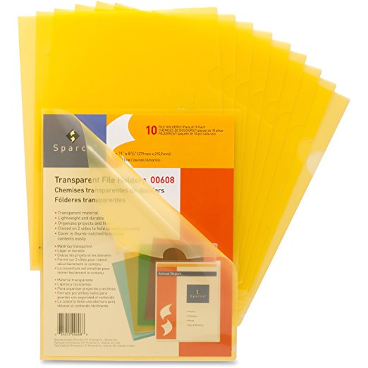 Sparco Transparent File Holder - Letter - 8.50" Width x 11" Length Sheet Size - 20 Sheet Capacity - Yellow - 10 / Pack