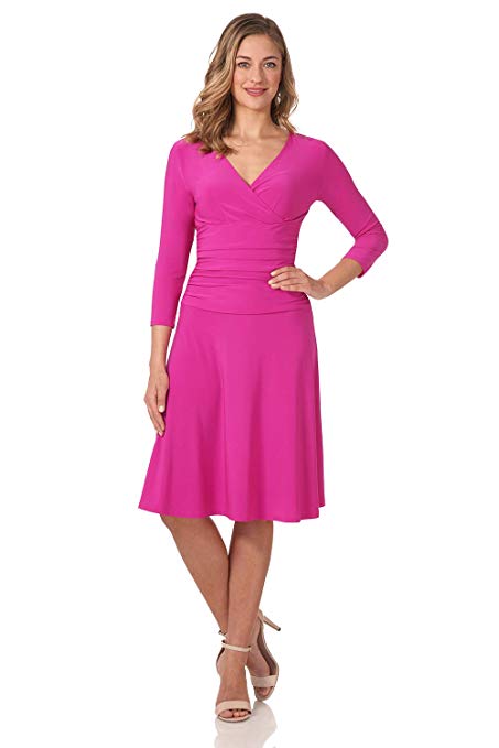 Rekucci Women's Slimming 3/4 Sleeve Fit-and-Flare Crossover Tummy Control Dress