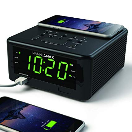 HANNLOMAX HX-107CR Qi Certified Wireless Charging Alarm Clock, PLL FM Radio, Bluetooth, Audio Sound, USB Port for 1A Charging, Green LED 1.2 Inches Display,Aux-in,Dimmer, Adaptor Included