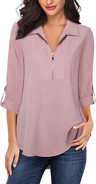 Lotusmile Women's Chiffon Work Blouses 3/4 Sleeve Lapel Zip Up Tunic Blouse Top