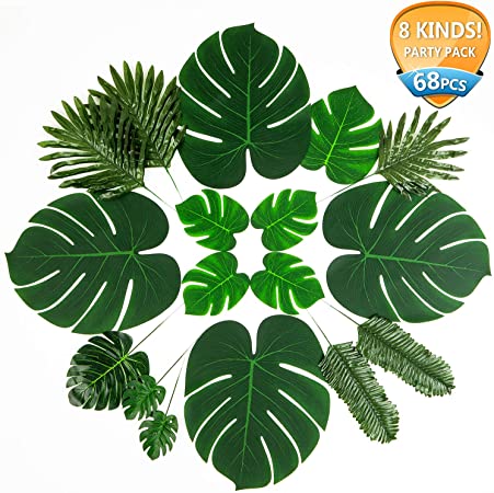 CUSEVE Artificial Palm Leaves - 68 Pcs 9 Kinds - Tropical Safari Jungle Hawaiian Theme Party Decorations - Green Faux Monstera Leaf Decor
