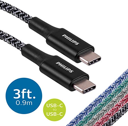 Philips 3 Ft. 2 Pack USB Type C Cable, USB-C to USB-C Black Durable Braided Fast Charging Cable, Compatible with iPad Pro, MacBook Pro, Samsung Galaxy S10 S9 Note 9 8 S8 Plus, DLC5223BC/37