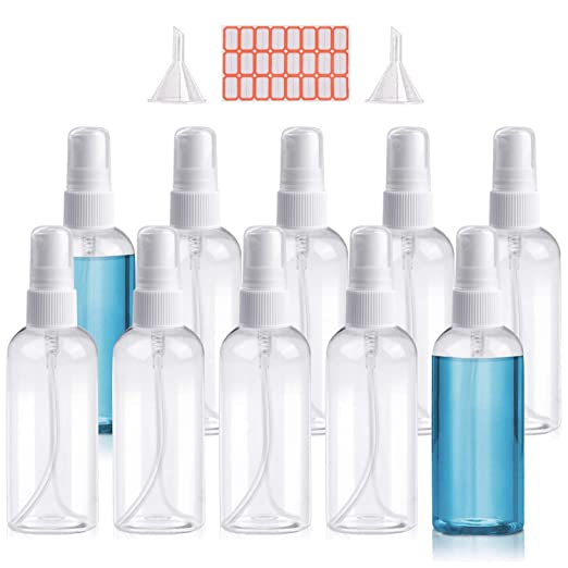 Henscoqi 10 Packs Spray Bottles, 3.38oz/100ml, Mini Travel Spray Bottle Accessories Refillable Container Mist Bottles Clear Travel Bottles for Essential Oil, Perfume, M/U Remover (10-pack set)