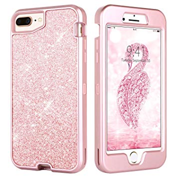 DUEDUE iPhone 8 Plus Case, iPhone 7 Plus Case, Heavy Duty 3 IN 1 Sparkle Bling Women Hard PC Soft TPU Shockproof Cover Glitter Protective Phone Case for iPhone 8/7/6s/6 Plus, Rose Gold/Pink