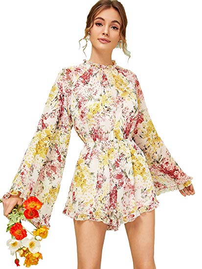 Romwe Women's Floral Printed Ruffle Bell Sleeve Loose Fit Jumpsuit Rompers