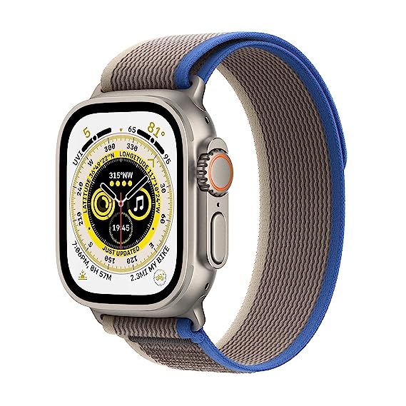 Apple Watch Ultra [GPS   Cellular 49 mm] smart watch w/Rugged Titanium Case & Blue/Grey Trail Loop - M/L. Fitness Tracker, Precision GPS, Action Button, Extra-Long BatteryLife, Brighter Retina Display