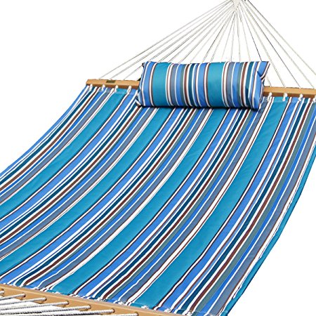 Prime Garden Quilted Fabric Hammock with Pillow, Hardwood Spreader Bars, 2 People, Blue Stripe
