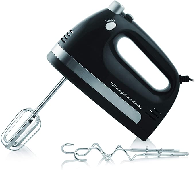 FRIGIDAIRE EHMX100-BLACK Hand Mixer Whisk with Chrome Beater, Dough Hook, 5 Speed and Turbo Button 350 w, 350w, Black