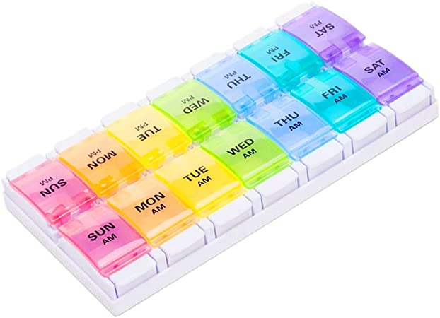 WOWHOUSE Pill Box Organiser 7-Day Weekly for AM PM Day Night Twice A Day, Pill Case with 14 Compartments for Vitamin Capsule Supplements Press Open Colorful (2time1day-col)