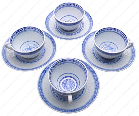 M.V. Trading MT104 Chinese Traditional Porcelain Blue and White Rice Pattern Teacups Set with Plates, Set of 4 Cups and 4 Plates | Plates: 5-3/8 Inches (DIA.) | Cups: 4-Ounces