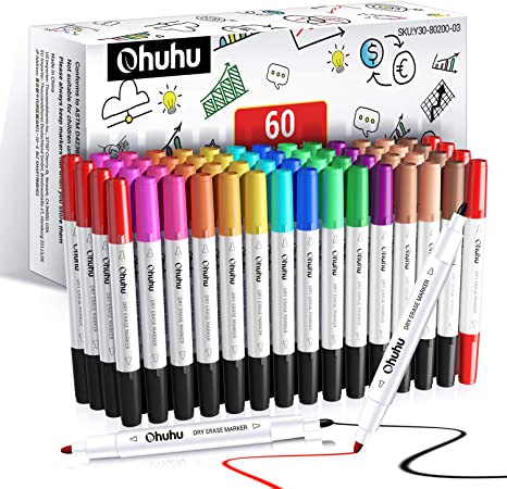 Dry Erase Markers, Ohuhu 60 Pack 15 Assorted Colors Low-Odor Dual Tips Dry Erase Window Marker Pens For Writing on White boards, Dry-Erase Boards, Kids & School, Calendar, Refrigerator