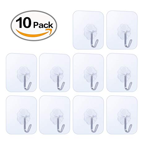 LuckIn Damage Free Hanging Clear Hooks Self Adhesive Tile Hook Heavy Duty 15lb Stick on Wall Hanger Holders, 10pcs