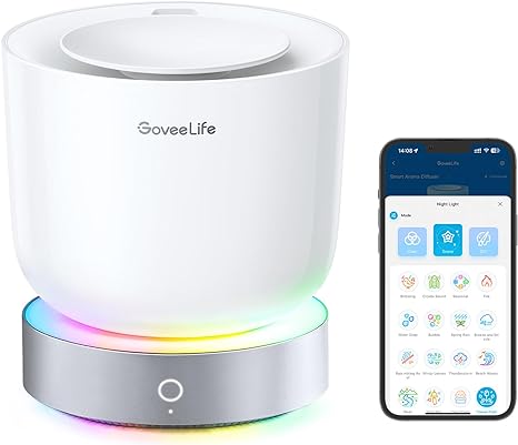 GoveeLife Smart Essential Oil Diffuser with Alexa Voice App Control for Home Office Bedroom, 300ml Quiet Cool Mist Aroma Diffuser with 2 Mist Modes, 24H Timer, RGBIC Light, Waterless Auto Off/Alarm