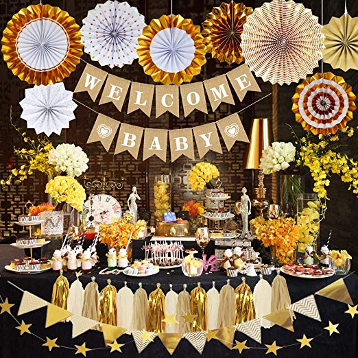 Mygogo Baby Shower Decorations for Boy Girl Neutral with Gold Paper Fans Linen Welcome Baby Banners Tissue Paper Tassels Shiny Stars Garland Triangle Flags Party Decoration Kit