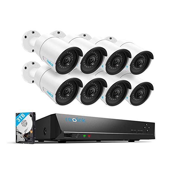 Reolink 4MP Security Camera System, 16ch 4Megapixels PoE NVR w 8x1440p HD PoE Outdoor Waterproof Bullet IP Cameras, 3TB Surveillance Hard Drive CCTV Systems, RLK16-410B8