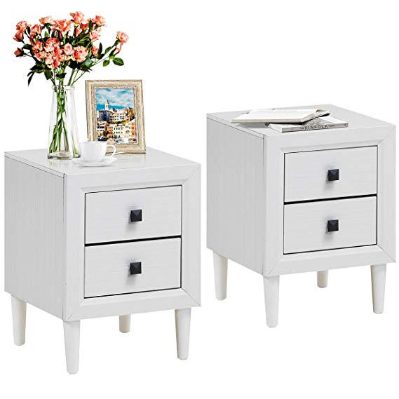 Giantex Nightstand Wooden W/Two Storage Drawers and Handles,Waterproof Material for Bedroom Living Room End Table (2, White)