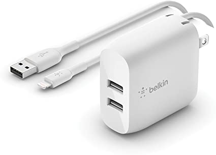 Belkin Dual USB Charger 24W   Lightning Cable (Dual USB Wall Charger Compatible with iPhone SE, 11, 11 Pro, 11 Pro Max, XS, XS Max, XR, X, 8, iPad, AirPods, More), White (WCD001dq1MWH)