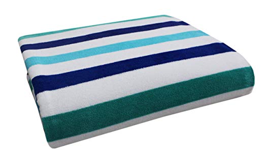 Cotton Craft - Oversized Woven Velour Beach Towel - Huge 58x68-inch Size - 100% Cotton - Plush Beach Blanket - Swim Towel for Two - Sky Cool Blue Stripe