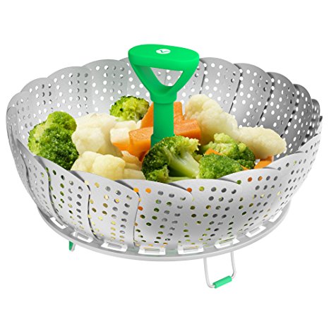 Vremi Collapsible Vegetable Steamer Basket for Large and Small Pan - 100% Stainless Steel - Round Steaming Tray Fits Instant Pot Electric Pressure Cooker - Extendable Handle and Silicone Feet - Green