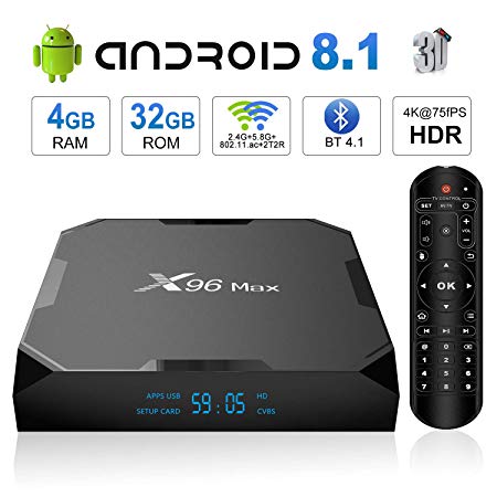 Android 8.1 TV Box, X96 Max Android TV Box - 4GB RAM 32GB ROM Amlogic S905X2 Quad-core Cortex-A53, Dual Band WiFi 2.4G 5G/1000M Ethernet/BT 4.1/USB 3.0/H.265 3D 4K@75fps Smart Media Player OTT Box