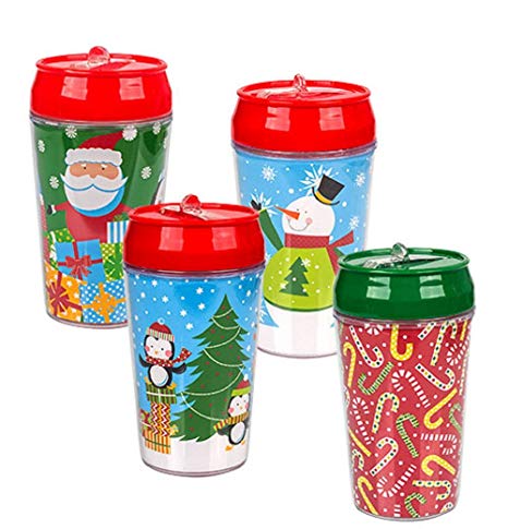 Christmas-Themed Double-Wall Plastic Tumblers with Flip-Up Straws, 4-ct Set