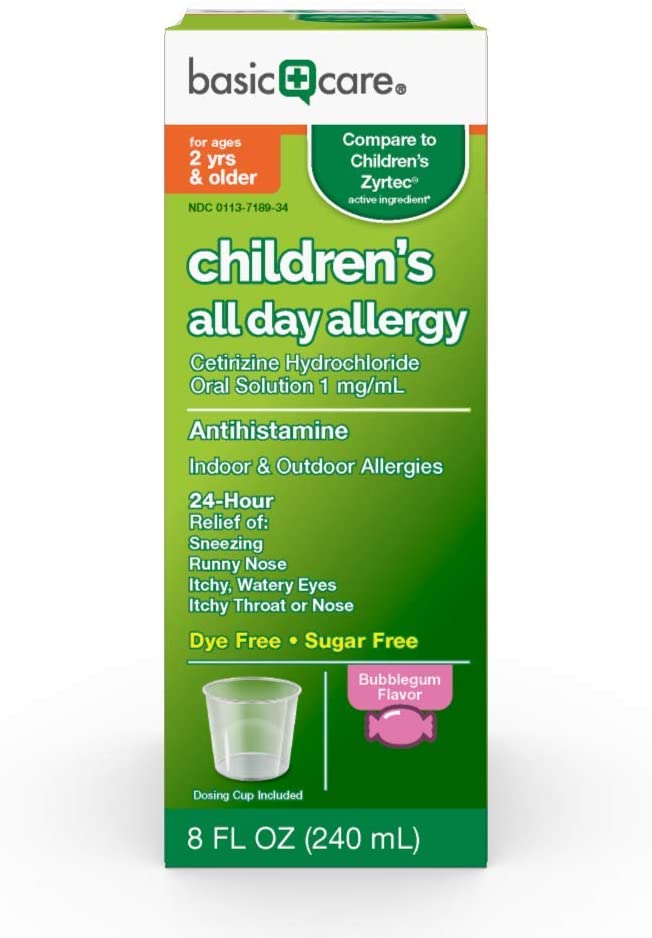 Basic Care All Day Allergy Relief, Cetirizine Hydrochloride Oral Solution 1 mg/mL, Bubble Gum Flavor, 8 Fluid Ounces