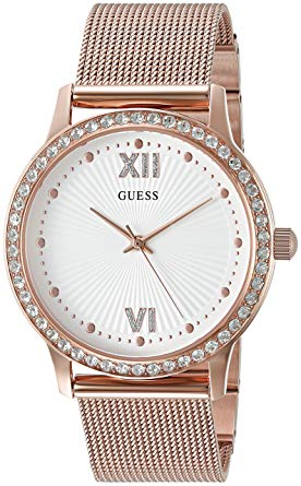 GUESS Women's Dressy Watch with White Dial, Crystal-Accented Bezel and Mesh G-Link Band