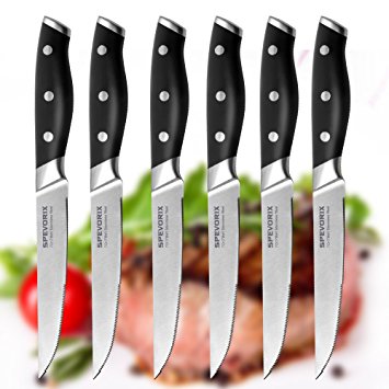 SPEVORIX Steak Knife Set Stainless Steel Serrated Steak Knives 6 Pcs with Gift Box