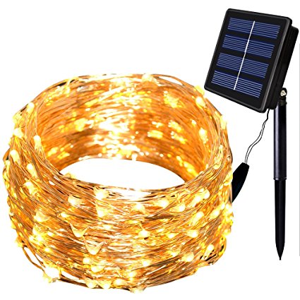Solarmks Solar String Lights ,8 Modes 150 LED Christmas Lights Copper Wired Solar Starry String Lights Durable Fairy Outdoor String Lights for Garden Party(Warm White)