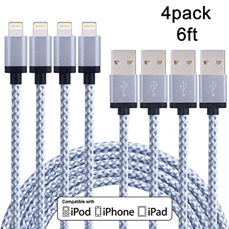 Sundix 4 Pack 6FT Tangle Free Nylon Braided Lightning Cable 8 Pin USB Charging Cord Compatible with iPhone 7/7 plus, iPhone 6/6s/6 plus/6s plus, 5c/5s/5, SE, iPad /iPod(White)