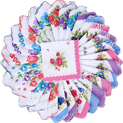 30 Pieces Floral Print Handkerchiefs Vintage Cotton Pocket Hankies for Women Lady