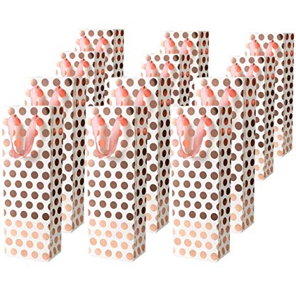 UNIQOOO 12Pcs Metallic Rose Gold Foil Wine Gift Bag Bulk,Pink Polka Dots,Large 14x4.75x3.5 Inch, w/Satin Handle,100% Recyclable Paper Bottle Carrier Tote Bags,For Wedding Christmas Birthday Party Wrap