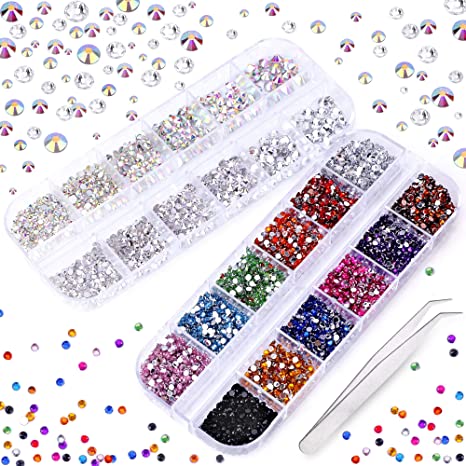 3000  PCS Rhinestones for Craft Phogary AB Rhinestones Flat Back 7 Sizes (1.5-5 mm) 13 Colors with Pick Up Tweezer for Crafts Nail Face Art Clothes Shoes Bags Phone Case DIY