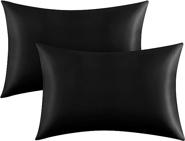 CozyLux Silk Satin Pillowcase for Hair and Skin Standard Set of 2 Soft Pillow Cases Silky Microfiber Bed Pillow Covers Wrinkle Resistant with Envelope Closure(Black, 20 x 26 Inches)