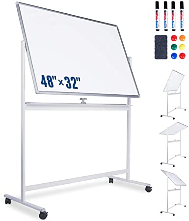 Mobile Whiteboard-Dry Erase Board with Stand 48" x 32" Aluminum Frame Rotating 360°Magnetic Whiteboard for Office, Home School, Tutoring Children