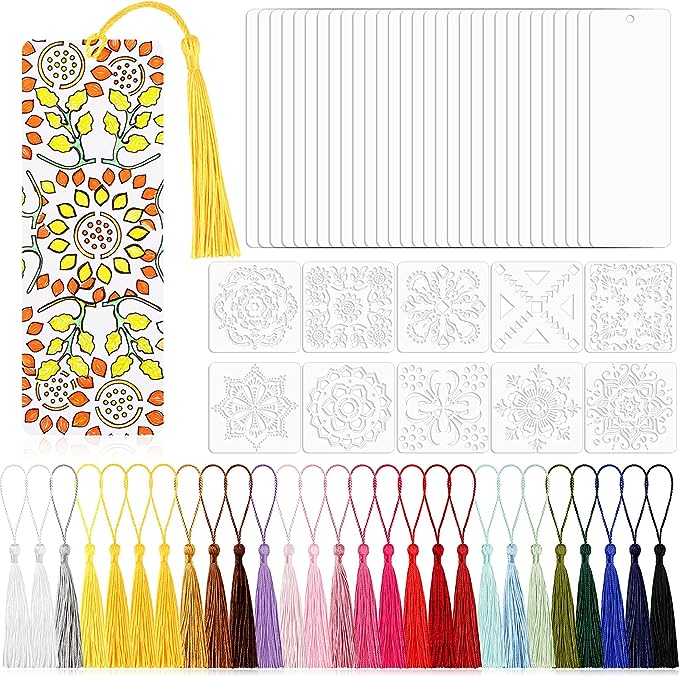 70 Pieces DIY Color Bookmark Set Gift Includes 30 Pieces Blank Paper Cardstock Bookmarks, 30 Pieces Tassels and 10 Pieces Templates for Kids DIY Crafts (Mandala Templates,4.3 x 4.3 Inch)