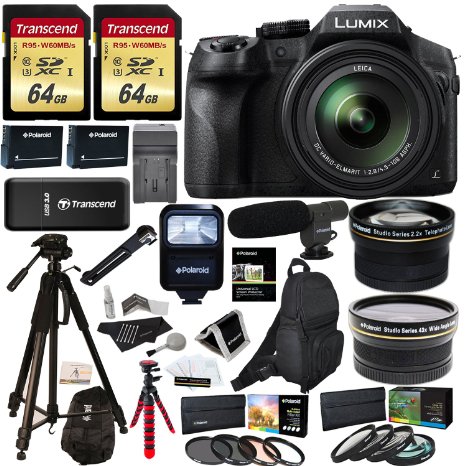 Panasonic FZ300 LUMIX 4K Point and Shoot Camera Leica DC Lens 24X Zoom  Wide Angle and Telephoto Lens  2 64GB  72 and 12 Tripod  Flash  Bag  2 Batteries  Charger  2 Filters  Polaroid Accessory Kit