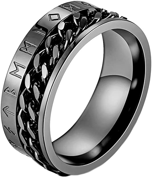 INRENG Men's 8MM Stainless Steel Chain Spinner Ring Band with Viking Rune Odin Norse Text Jewelry