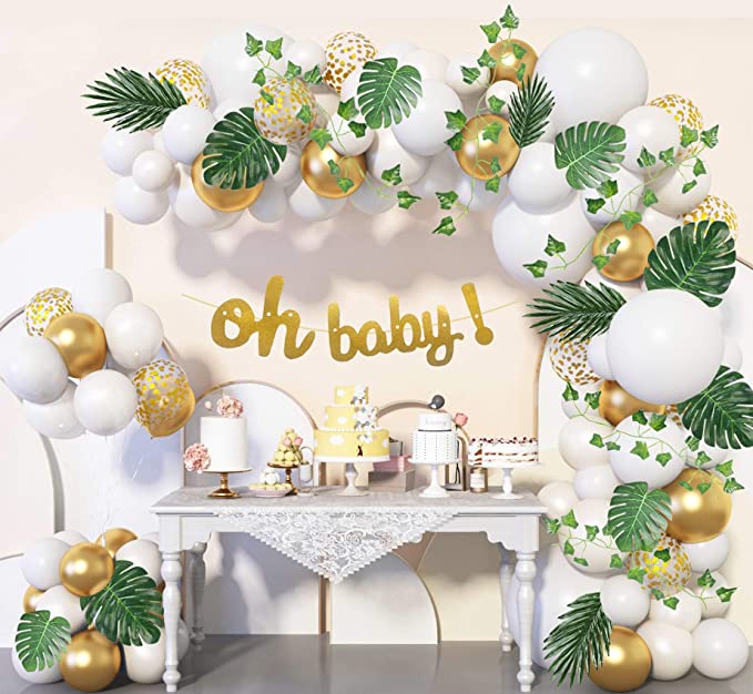 118 Pcs Safari Baby Shower Decorations for Girl Boy Neutral, Oh Baby Banner White Balloon Arch Garland Kit with Boho Fake Green Ivy Leaf Garland Vines for Jungle Greenery Baby Shower Decorations