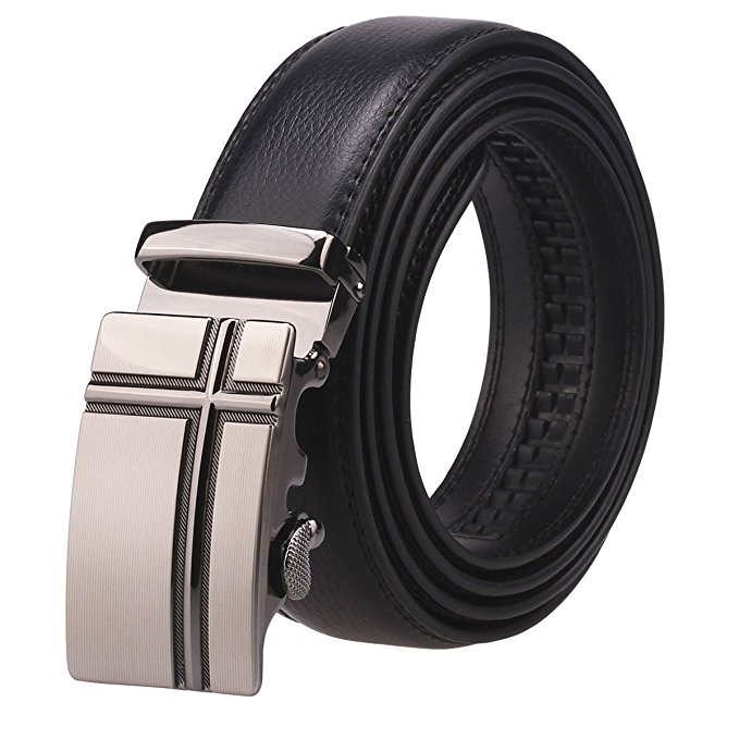 Fanshimite Men's Leather Belt Sliding Buckle Ratchet Belt -Black/Brown（A06/08/10）