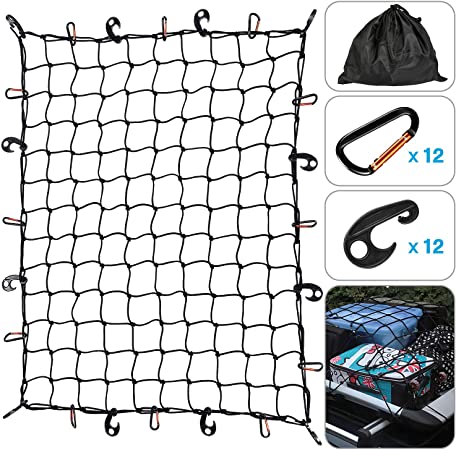 Kohree HY0049-HM 3'x4' Super Duty Bed Bungee Net Stretches to 6'x8' for Oversized Rooftop Cargo Rack & Small Trucks Including Tangle-Free D Clip Carabiners 12 ABS Hooks  1 Storage Bag