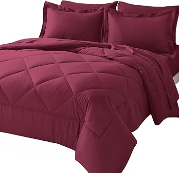 CozyLux Queen Comforter Set with Sheets 7 Pieces Bed in a Bag Burgundy All Season Bedding Sets with Comforter, Pillow Shams, Flat Sheet, Fitted Sheet and Pillowcases, Red, Queen