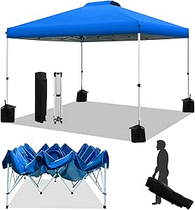 WEIZE Pop up Canopy Tent 10x10ft, 1-Button Push Setup, Instant Portable Shelter, Adjustable Height, Portable Roller Bag, 4 Weight Bags, Guy Ropes & Stakes Included Blue