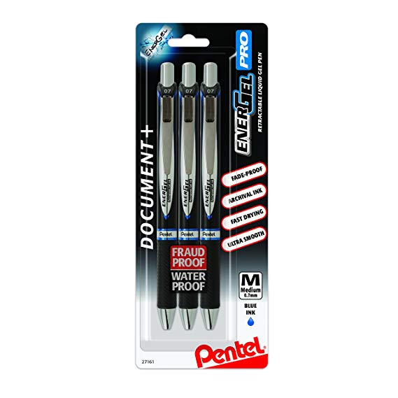 Pentel EnerGel PRO Permanent Gel Pen, (0.7mm) Medium Line, Blue Ink, 3-Pk - BLP77BP3C