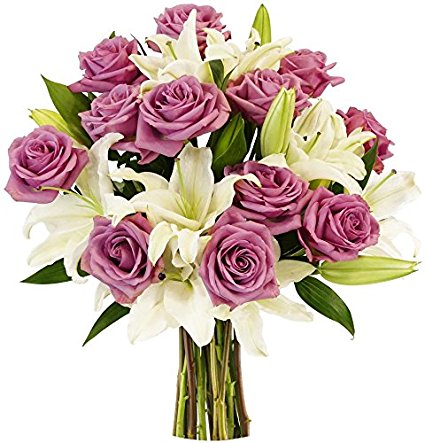 Benchmark Bouquets Lavender Roses and White Oriental Lilies, No Vase, 1 Pound